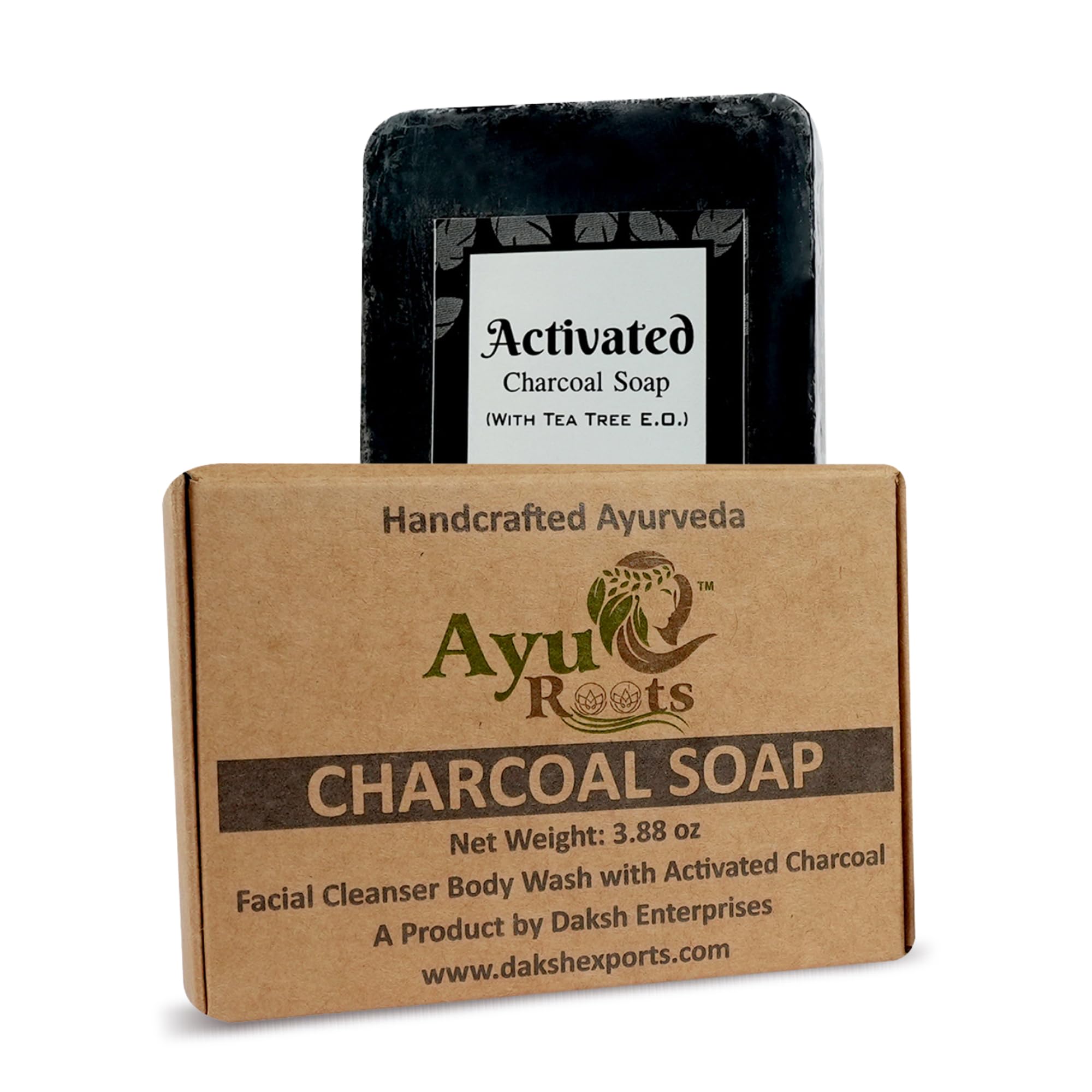 AyuRoots Activated Charcoal Soap Bar | Handmade Natural Bathing Bar for Face & Body | Acne, Tan & Blackhead Control | Deep Cleansing, Oil Control, Exfoliating, Chemical-Free, Gentle, 3.88 oz