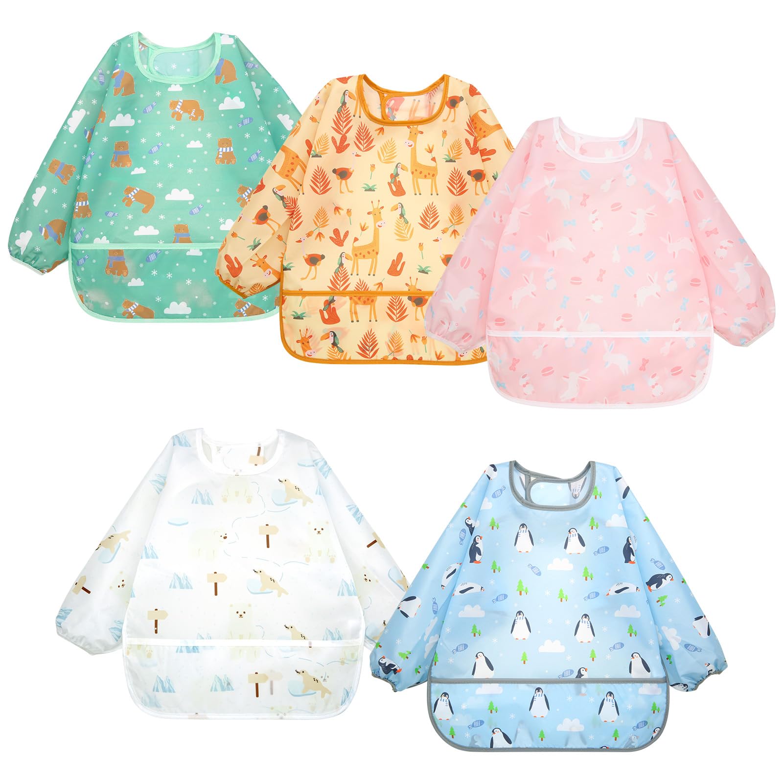 Tuocal 5 Pack Long Sleeve Bibs Waterproof Baby Bibs Coverall Bibs for Baby Feeding Feeding Bibs Weaning Bib with Sleeves for Toddler 0-24 Months