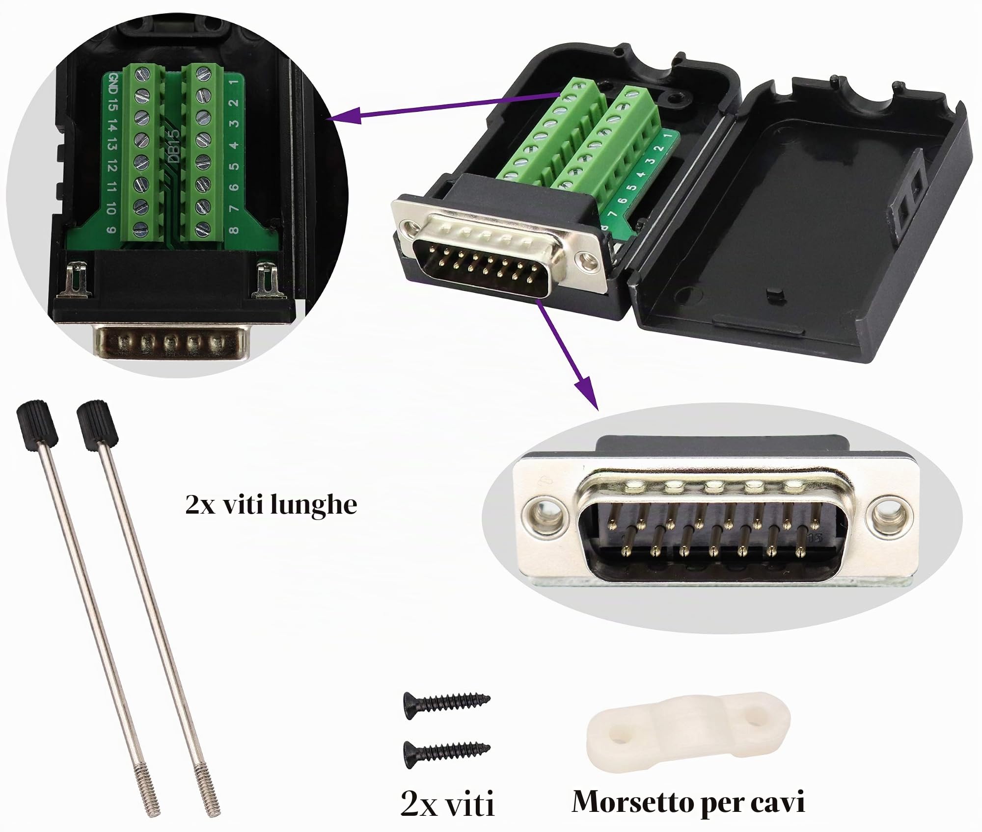 DB15 Vite Morsettiera Adattatore D-SUB 15 Pin 2 File DB15 Maschio a 16 Pin/Vie Femmina Connettore Seriale Breakout Board Modulo di Segnale con Custodia(2 Pezzi/Maschio)