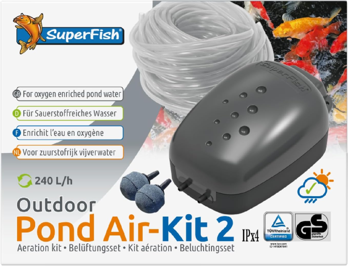 Superfish Koi Flow Set box highlighting 240 L/h output and IPX4 rating.