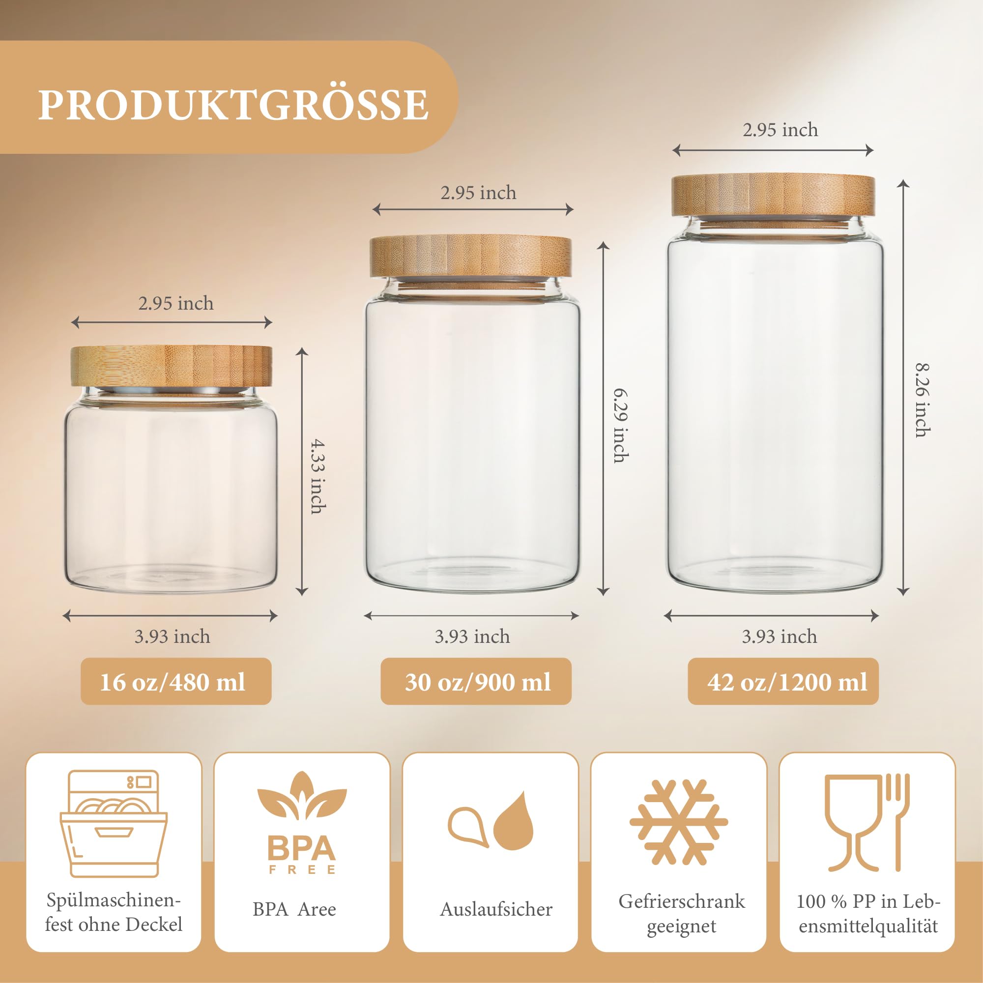 1200ML Glas Vorratsgläser mit Deckel, Vorratsdosen mit Luftdicht Bambusdeckel, Deko Küche Glasbehälter für Müsli, Pasta, Nudeln, Mehl, Kaffeebohnen, Overnight Oats - Groß