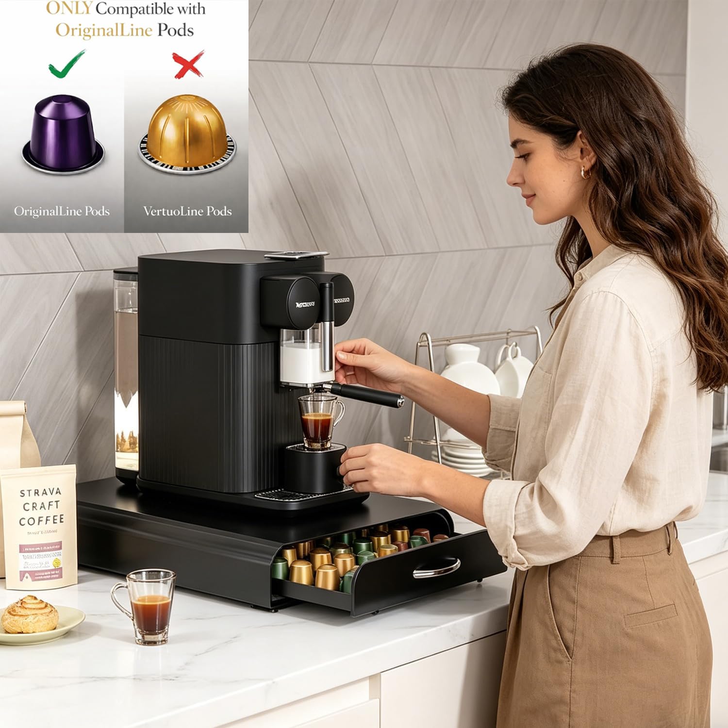 Soporte para cápsulas de café, organizador de cajón de cápsulas de café de 50 cápsulas para cápsulas Dolce Gusto/NES-presso/Vertuoline, soporte de almacenamiento de acero compatible con cafeteras para