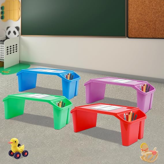 4 Pcs Kids Lap Desk Tray, Plastic Breakfast Laptop Trays with Side Pockets, Portable Lap Bed Table for Kids Students Work Study School Classroom