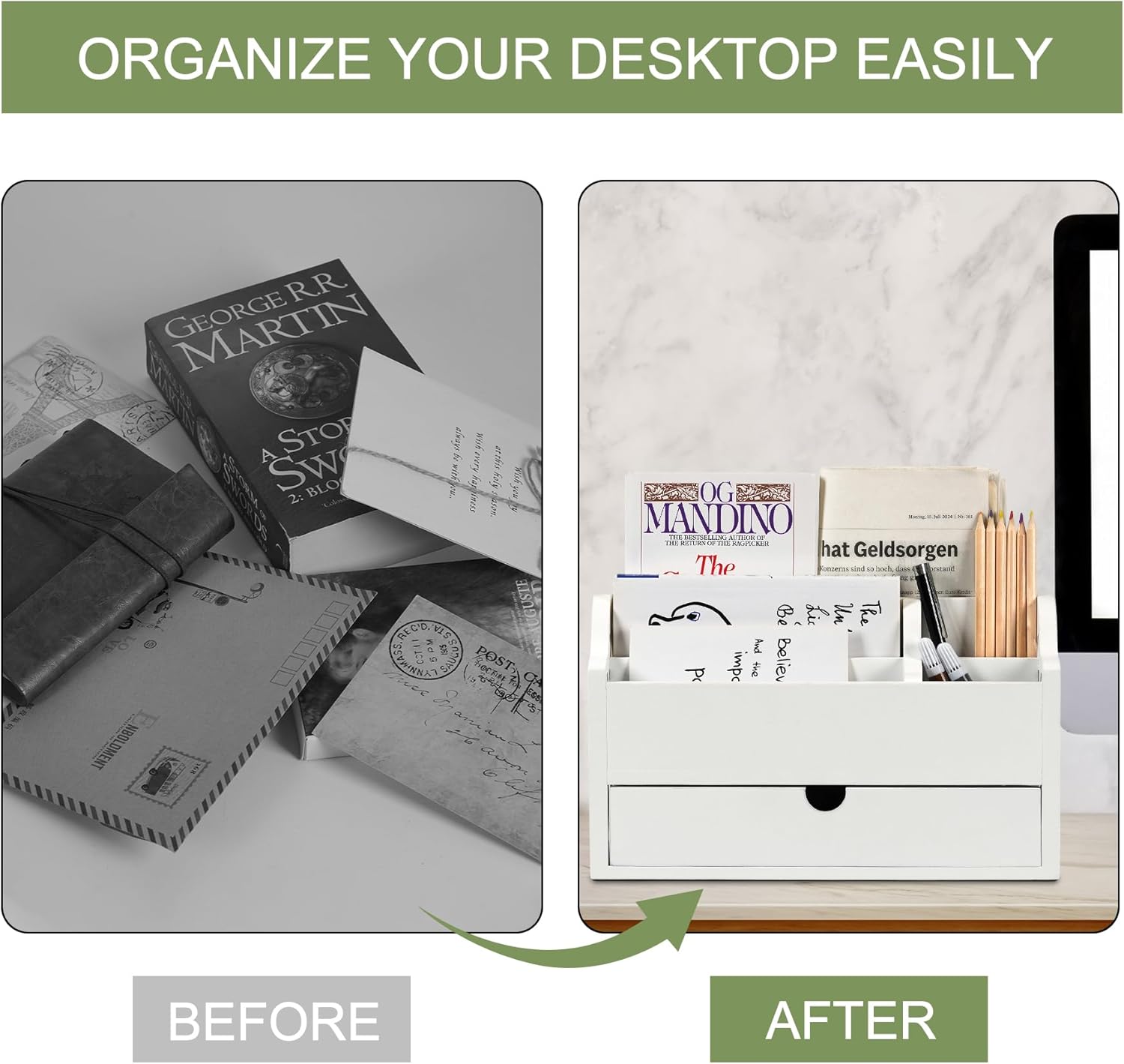 Desk Organizer with Drawer Wood File Office Mail Organizer Countertop-5 Slot Tabletop Storage Pen Organizer Letter Holder for School Home Office Supplies (White)