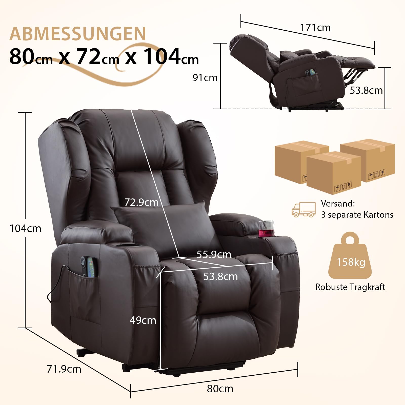 Elektrischer Sessel mit Aufstehhilfe Senioren, Elektrisch Verstellbarer Fernsehsessel mit Liegefunktion,Kinosessel mit USB & Getränkehalter,TV Sessel fürs Wohnzimmer (1, Braun)