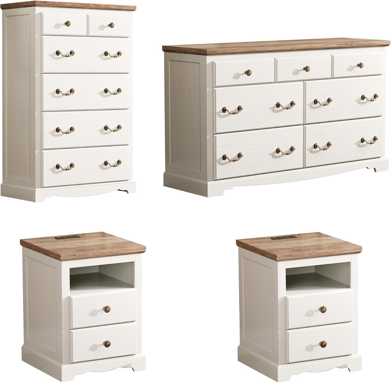 LUXOAK 4 Piece Farmhouse Bedroom Dresser and Nightstands Set, 54" Wide 7 Chest of Drawers, 48" Tall Wood 6 Drawer Dresser, 18" Wide Nightstand Set of 2 with Charging Station, Antique White