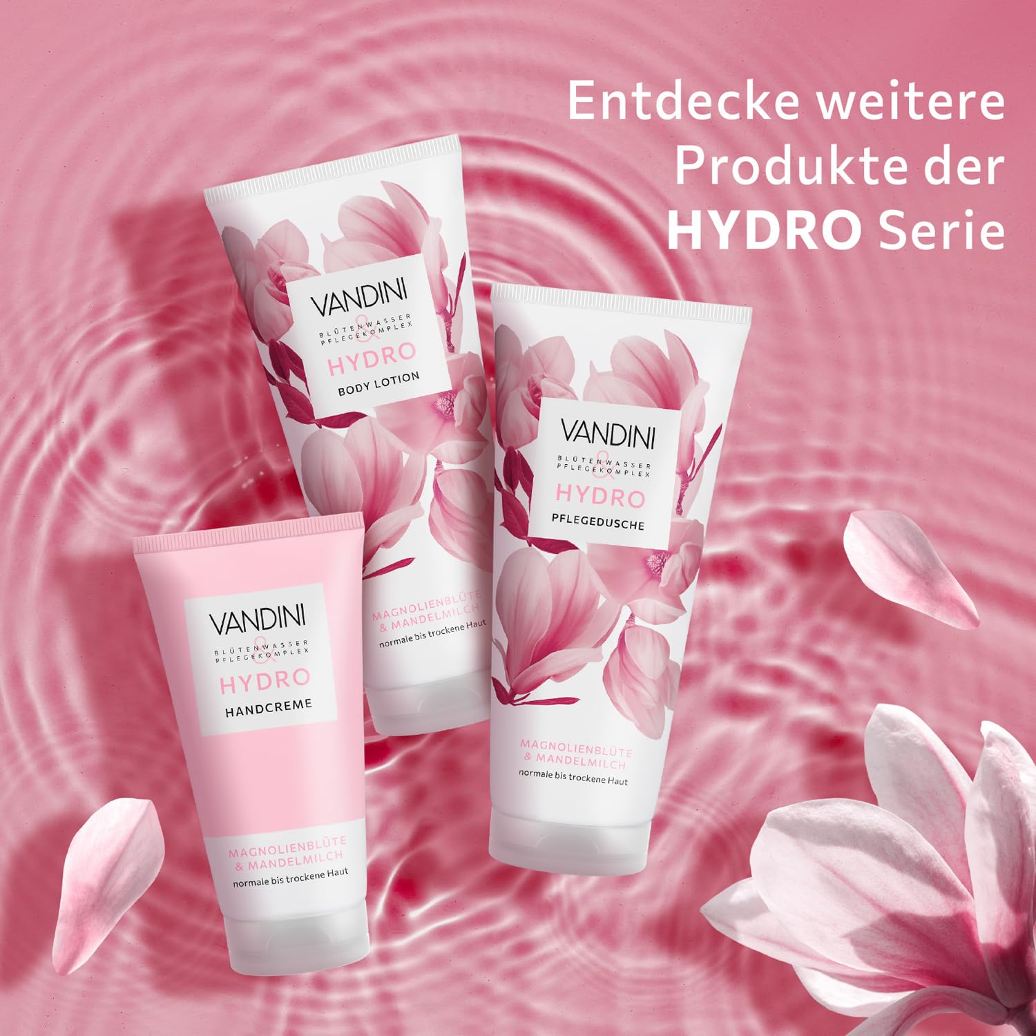 VANDINI HYDRO 6 x Ducha de cuidado para mujer de 200 ml con flor de magnolia y leche de almendras – Gel de ducha para piel normal a seca – vegano, sin parabenos ni siliconas, dermatológicamente
