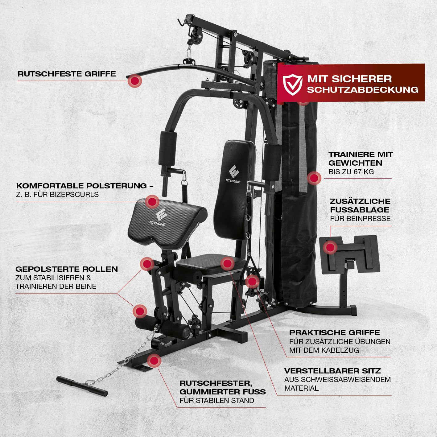 FitEngine Kraftstation | Multifunktions-Homegym für den ganzen Körper | Gewichte bis zu 67 kg einstellbar, mit Latzugstange, Beinpresse, Bizepscurl-Polster u.v.m. | Hochwertiges Stahlmaterial