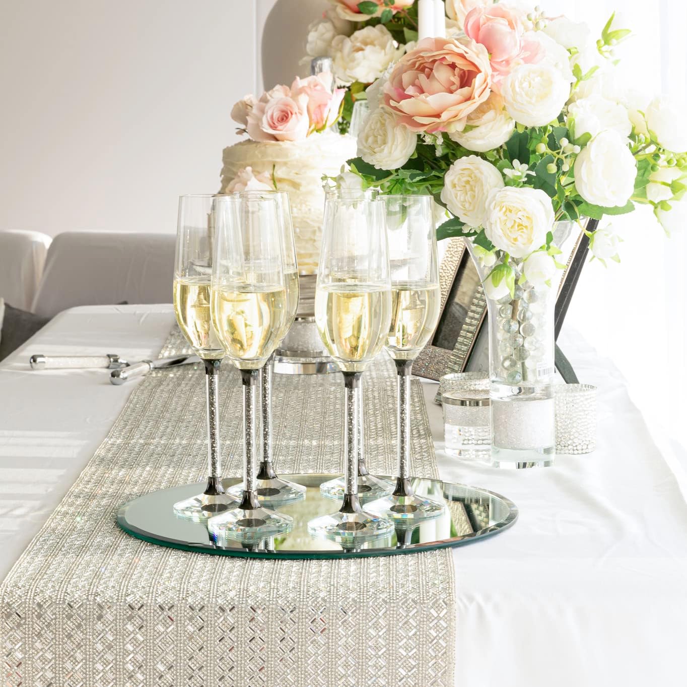 Madison Avenue Table Runner, Glass Rhinestones in Dazzling X Pattern, for Formal Dining Table Settings, Events, Weddings, Silver, 108", Sold Individually