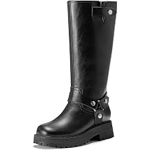 FITORY Knee High Boots Women Wide Calf Fall Moto Block Heel