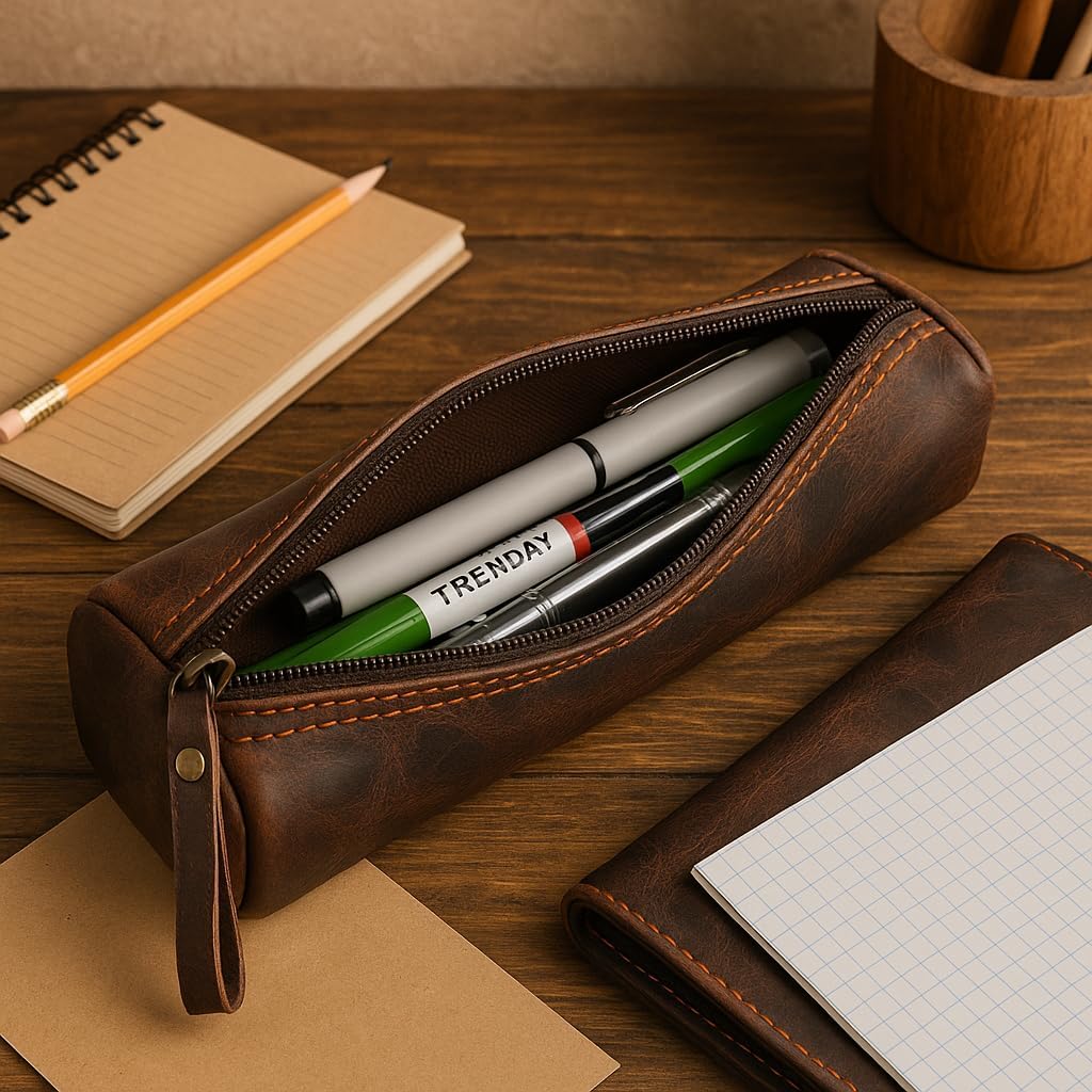 Round Leather Zipper Pencil Case – Full Grain Handmade Pen, Marker & Sketch Pouch, Compact Tube-Shaped Organizer for Office & Travel, Premium Small Tool Holder for Adults – Brown
