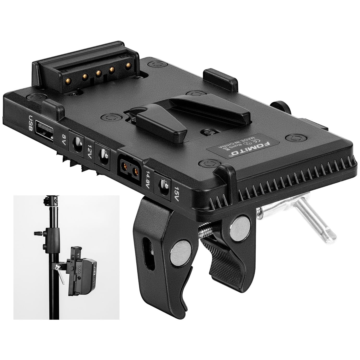 Fomito V-Lock V Mount Battery Adapter Plate with Super Clamp for Lighting Stand,Tripod, Support Rod, with D-TAP/DC/USB Power Output for Camcorder,