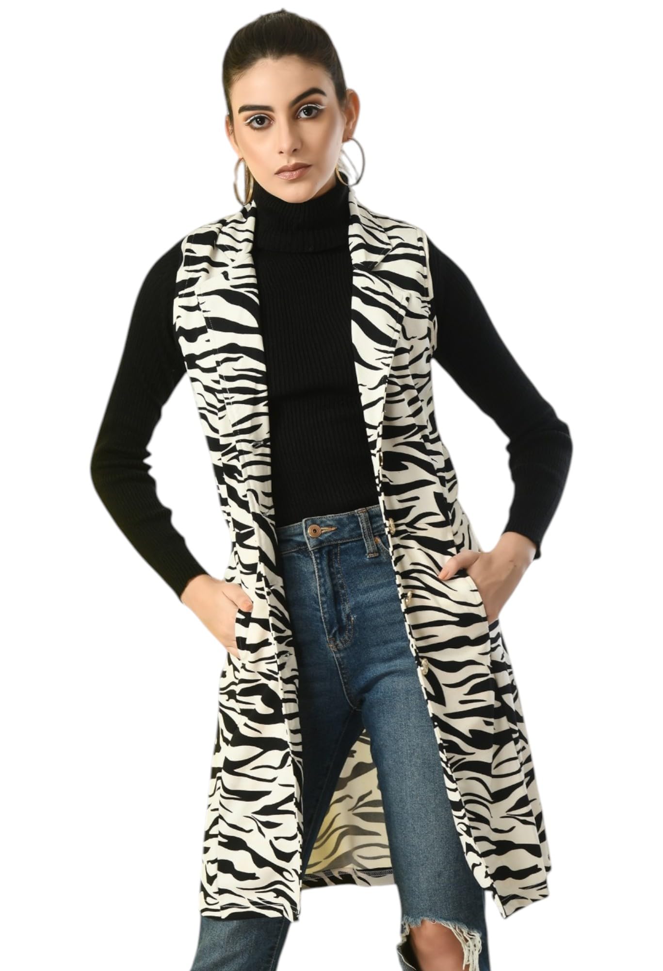 Women’s Long Houndstooth Print Sleeveless Shrug with Front Button & Pockets