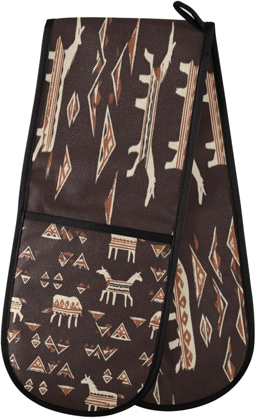 Brown Horses Aztec Oven Mitts Pot Holder Heat Resistant Double Kitchen Oven Mitt Soft Cotton Lining Hot Pads Thick Gloves for Cooking Banquet BBQ Thanksgiving Christmas Decor