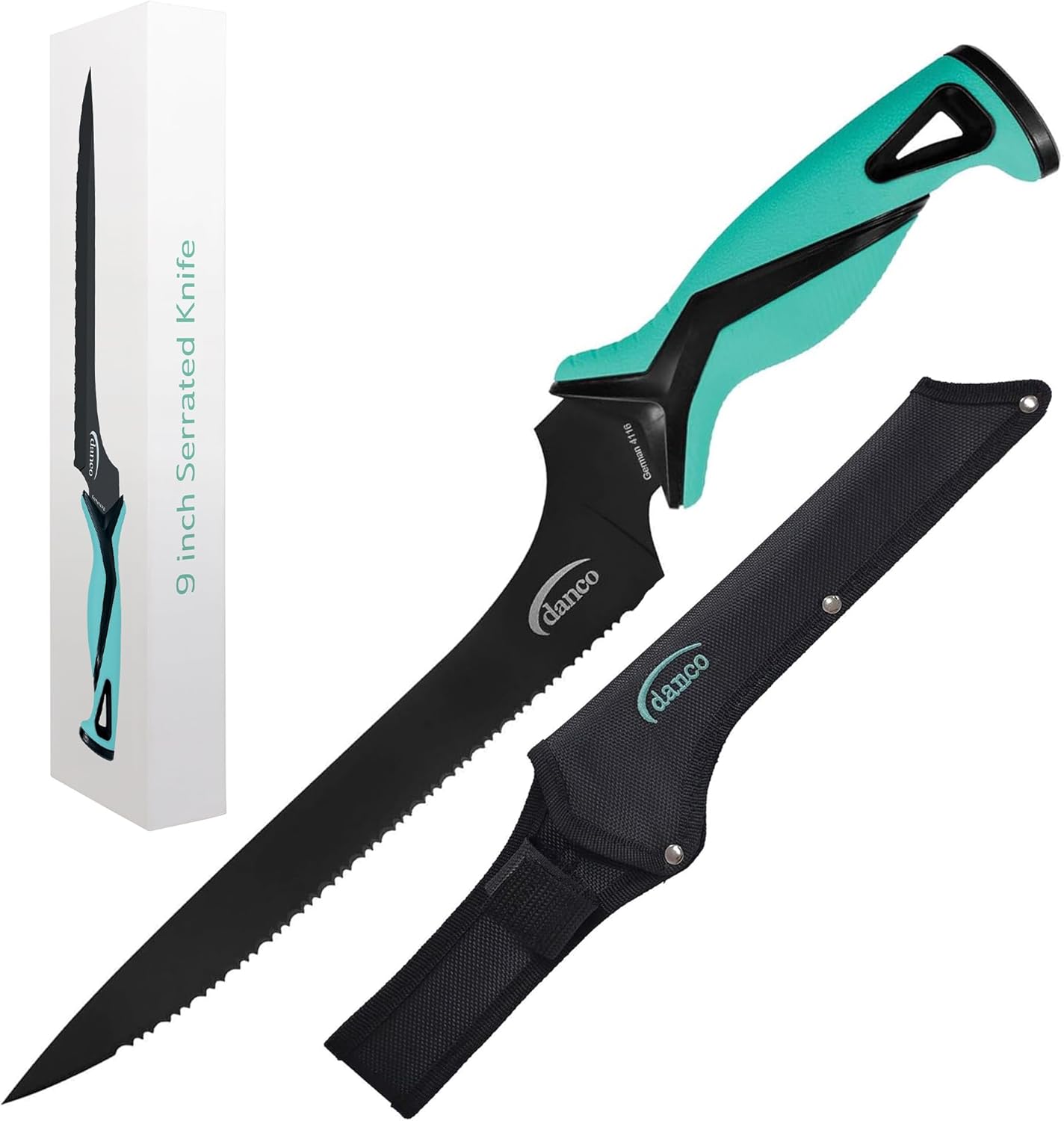 danco Pro Series 9" Serrated Fillet Knife | Full Tang German G4116 Stainless-Steel Blades with Teflon Coating, Molded Nylon Sheath, Perfect for Saltwater Fishing & Hunting