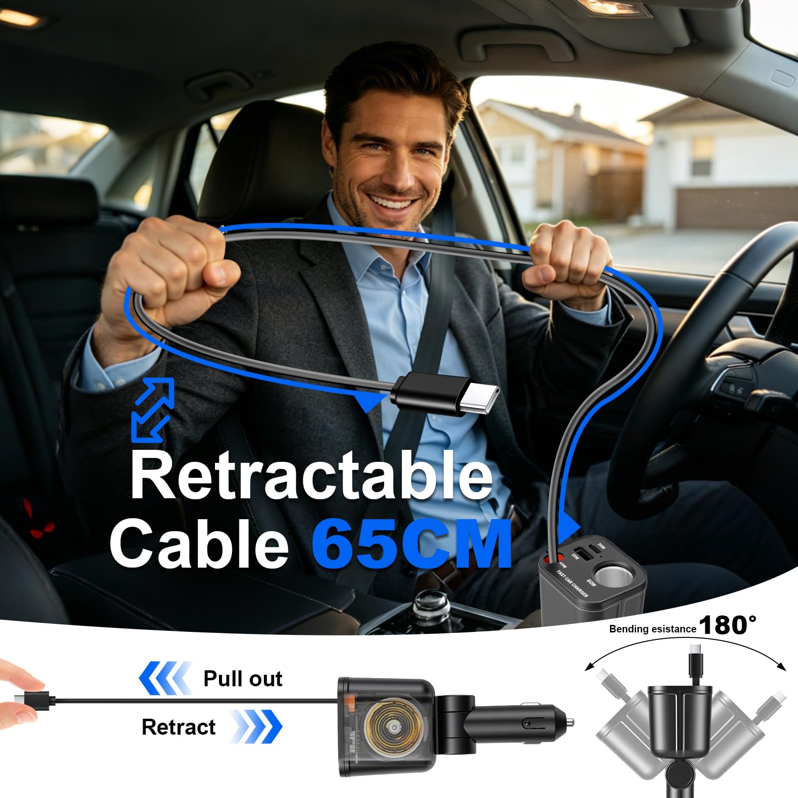 4 in 1 presa accendisigari USB C, 145 W, caricatore da auto con cavo retrattile di tipo C, adattatore USB da 12 V/24 V, compatibile con iPhone17/16/Samsung S26