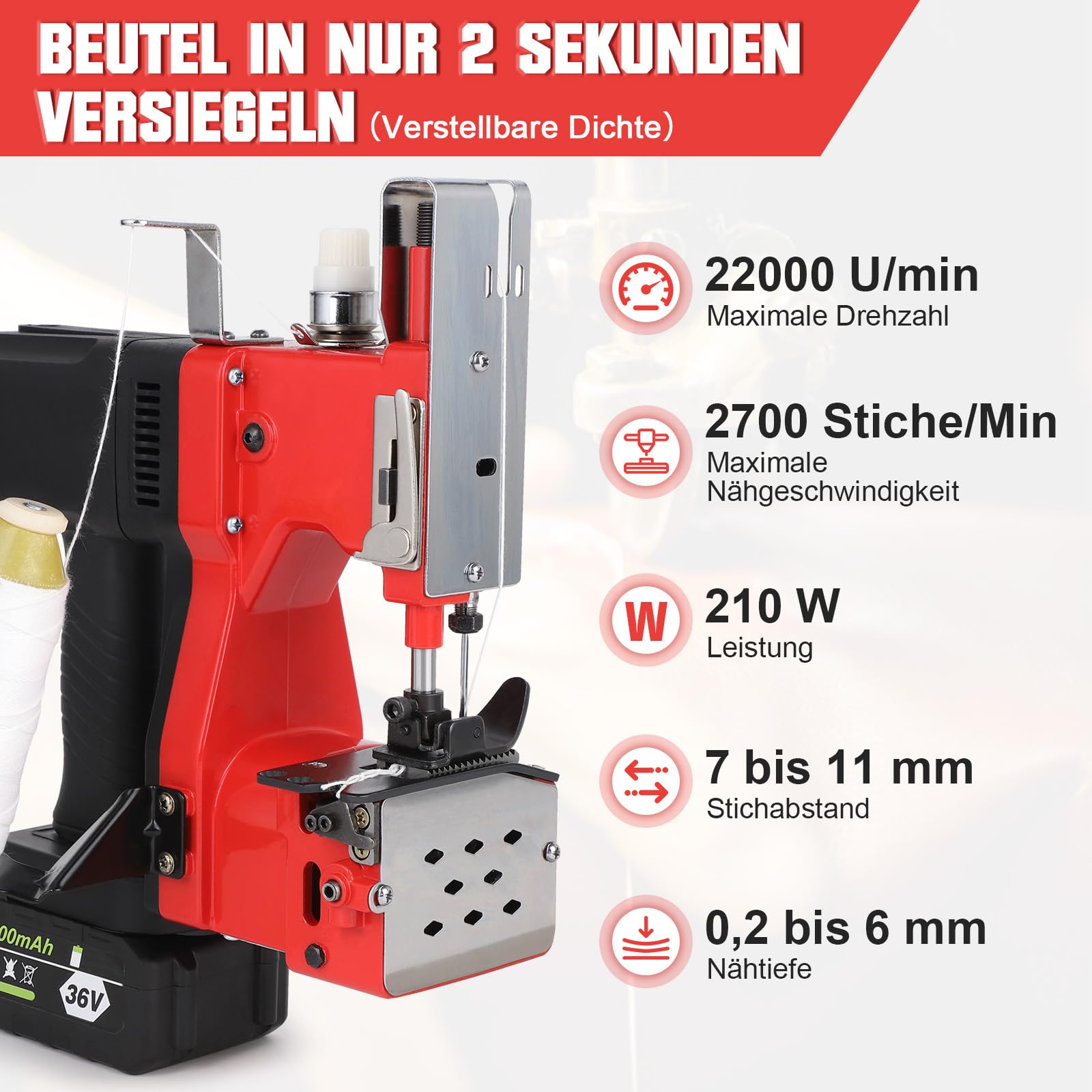 Máquina de coser eléctrica portátil con batería, 210 W, máquina de coser bolsa eléctrica, bolsa de embalaje eléctrica para bolsa de tejido/bolsa de papel/bolsa de arena/bolsa de yute/cuero
