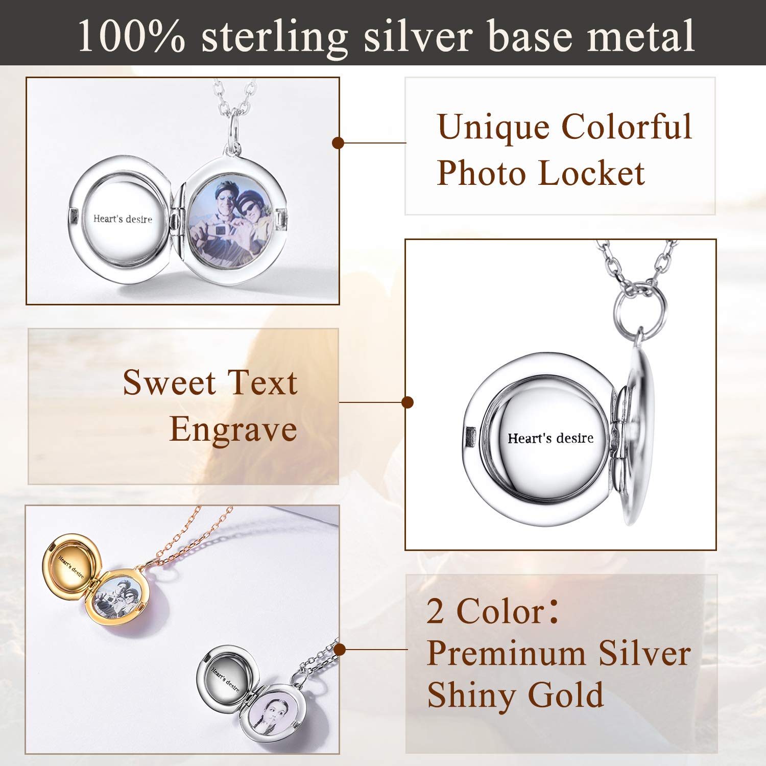 SILVERCUTE Collana Donna Argento Sterling 925 con Foto Personalizzata Medaglione Portafoto Cuore/Rotondo/Ovale Classico Elegante Argento/Oro/Oro Rosa Collana Personalizzata con Foto Idee Regalo