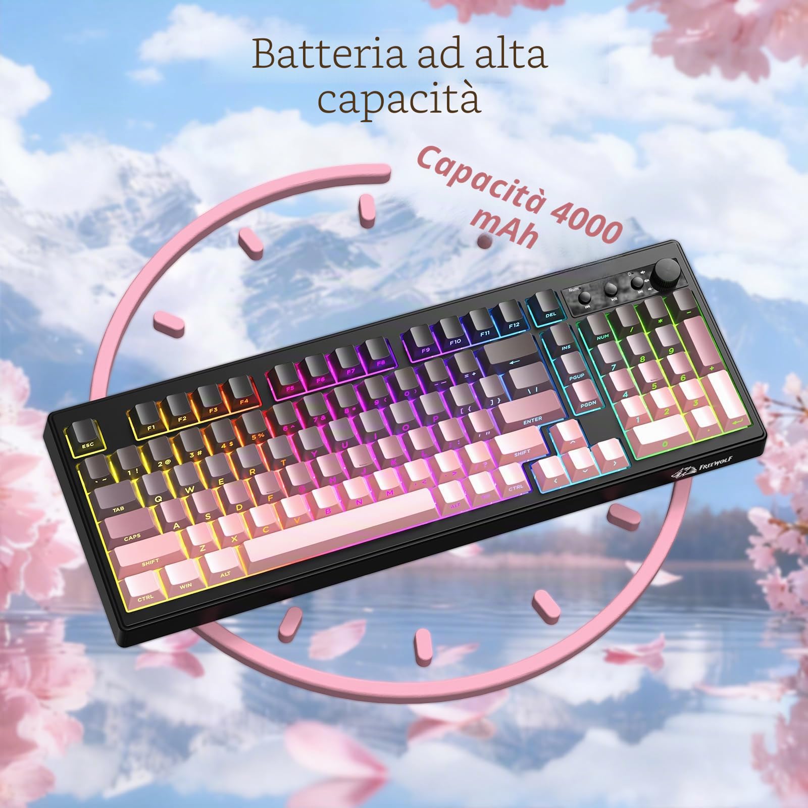 ZIYOU LANG K100 Tastiera Gaming Wireless, Tripla Modalità (BT/2.4G/Cavo) Tastiera a Membrana con Manopola, 102 Tasti PBT Gradiente, 4000mAh, RGB Backlit, Compatibile con PC/Mac e Altro -Mora