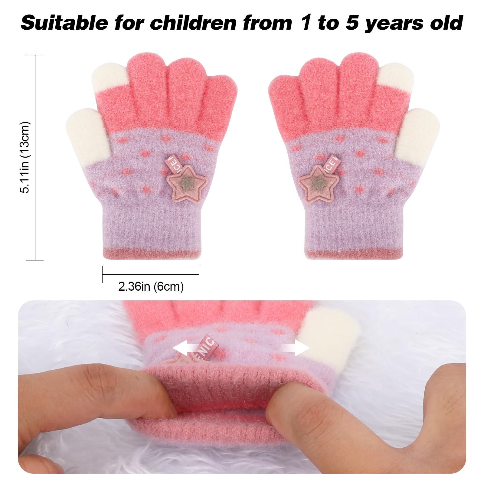 QKURT 3 pares Guantes mágicos para niños, guantes calientes para niños pequeños Guantes de dedo completo de buen estiramiento para niños con un nuevo patrón de estrellas durante 1-5 años Niñas Niños