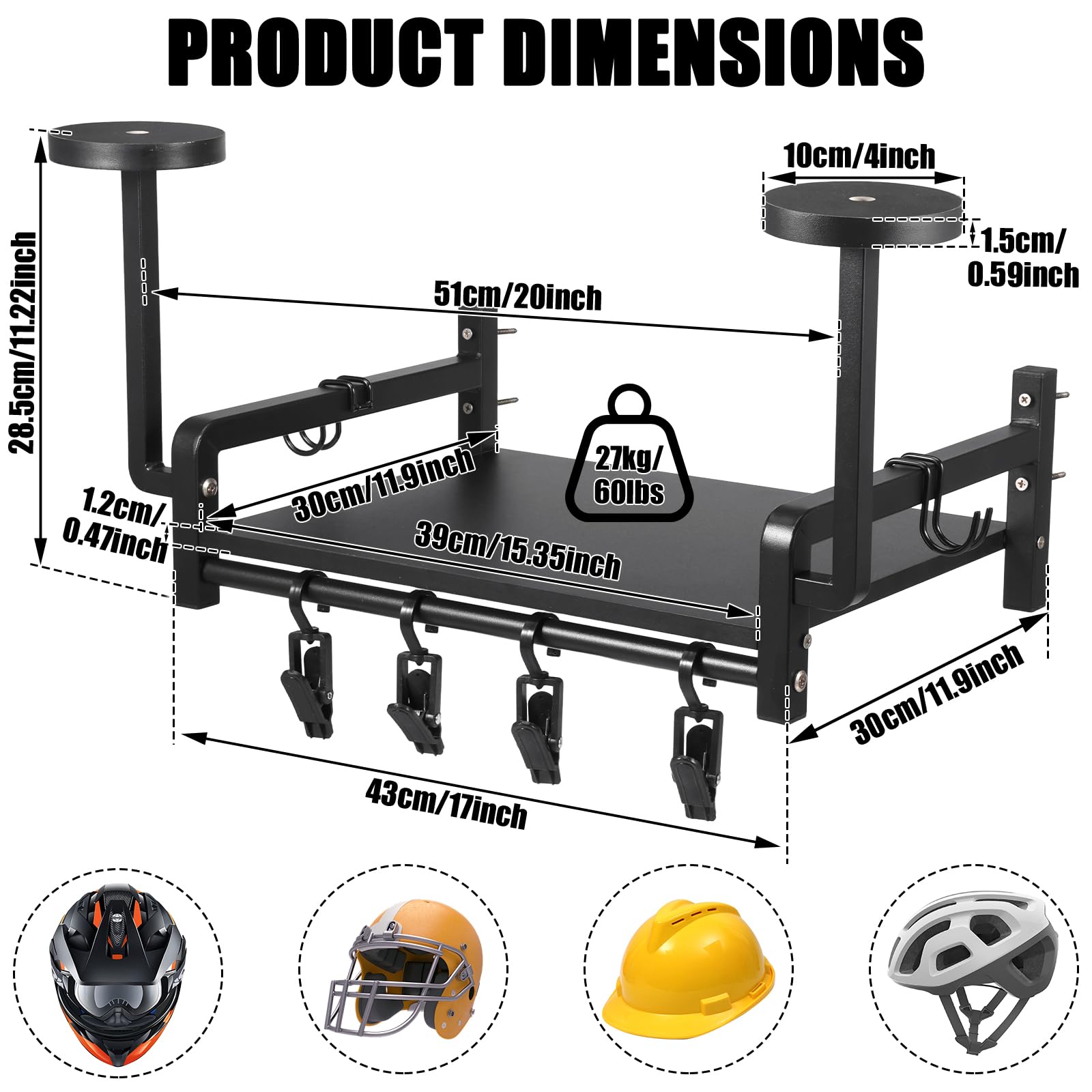 Helmhalterung Wand, Motorradhelm Halterung Display Organizer mit 2 Hutständern, Helmhalter Wandhalterung mit 4 Motorrad Handschuhhaken,Motorradkleidung Aufbewahrung für Fußballmotorräder(schwarz)