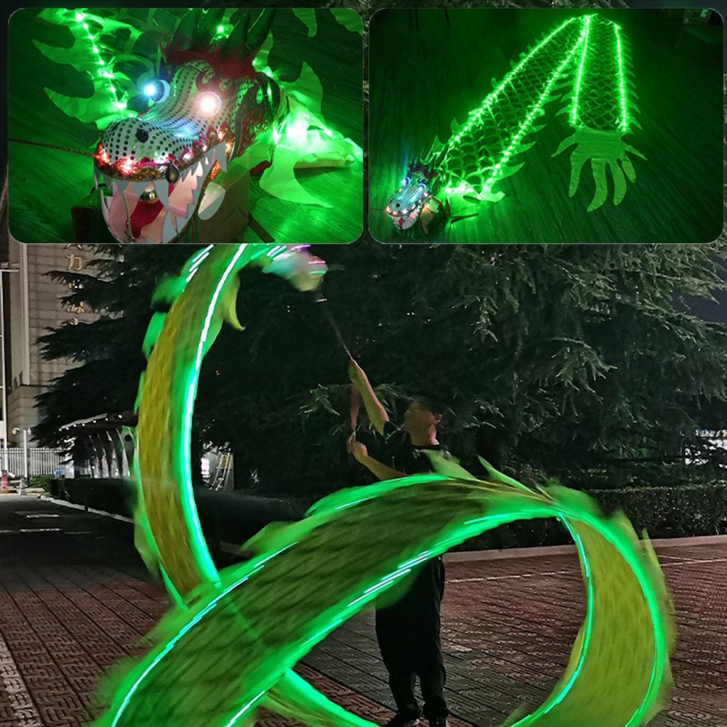 MTNBHH Dragon Poi with LED Light, Night Fitness Dragon Dance, Flinging Dragon Spiral Practice Ribbon Streamer for Kids Aldult Elderly Outdoor Sports(Color:Green,Size:500cm/16.4ft)