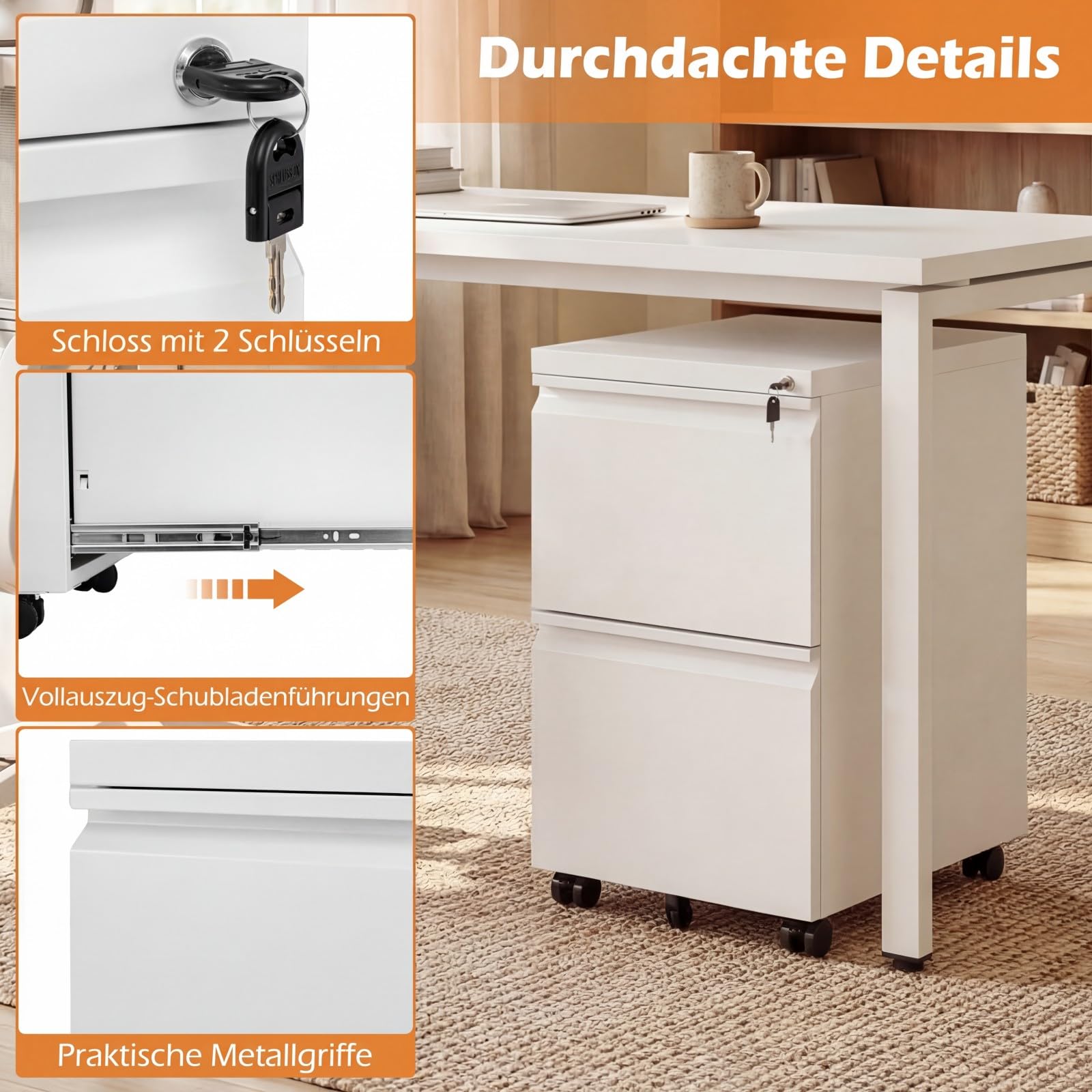 COSTWAY Rollcontainer abschließbar aus Metall, Aktenschrank unter Schreibtisch, Bürocontainer mit 2 Schubladen & Hängeregistratur für Dokumente, Metallschrank mit 5 Rädern, 44 x 37 x 67 cm (Weiß)