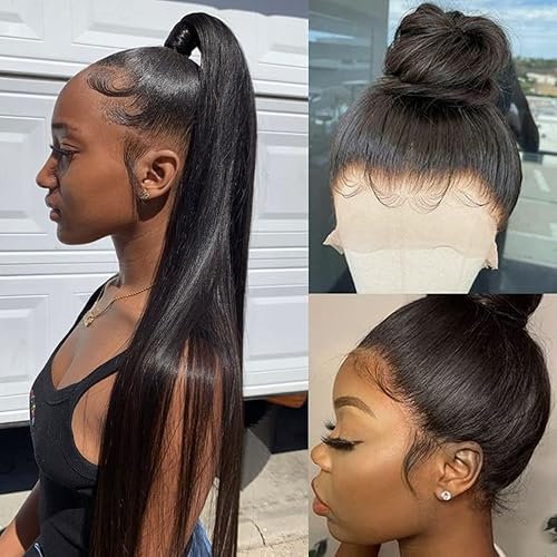 Miniatura 6 de VYV Pelucas de cabello humano con encaje frontal de 32 pulgadas, lacio, 13 x 4, HD, transparente, con abuelitos, sin pegamento, para mujeres negras,