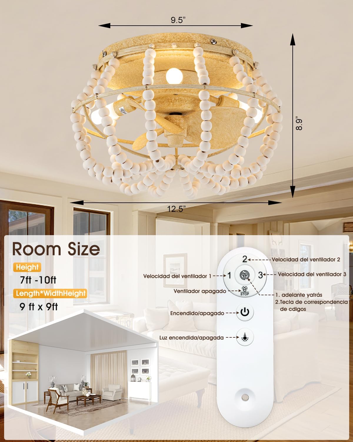 12.5'' Boho Ceiling Fan with Light and Remote, Caged Wood Beaded Fandelier Flush Mount Ceiling Fan for Living Room Bedroom Hallway Kitchen Nursery 3 Speeds Farmhouse White Ceiling Fans