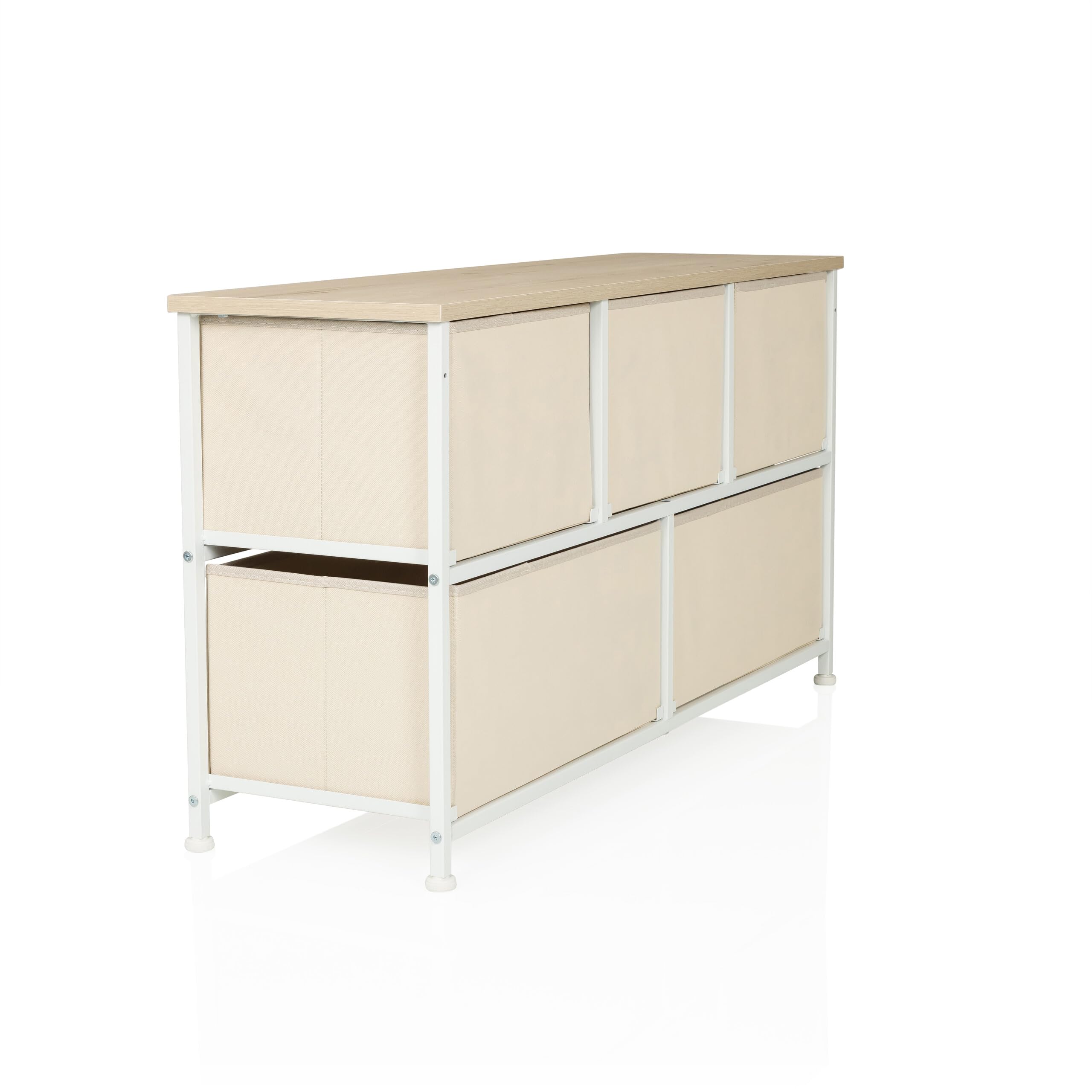 Kommode mit 5 Stoffschubladen, 100x30x55 cm, Beige | Schubladenkommode Organizer, höhenverstellbare Fußgleiter, Metall-Gestell