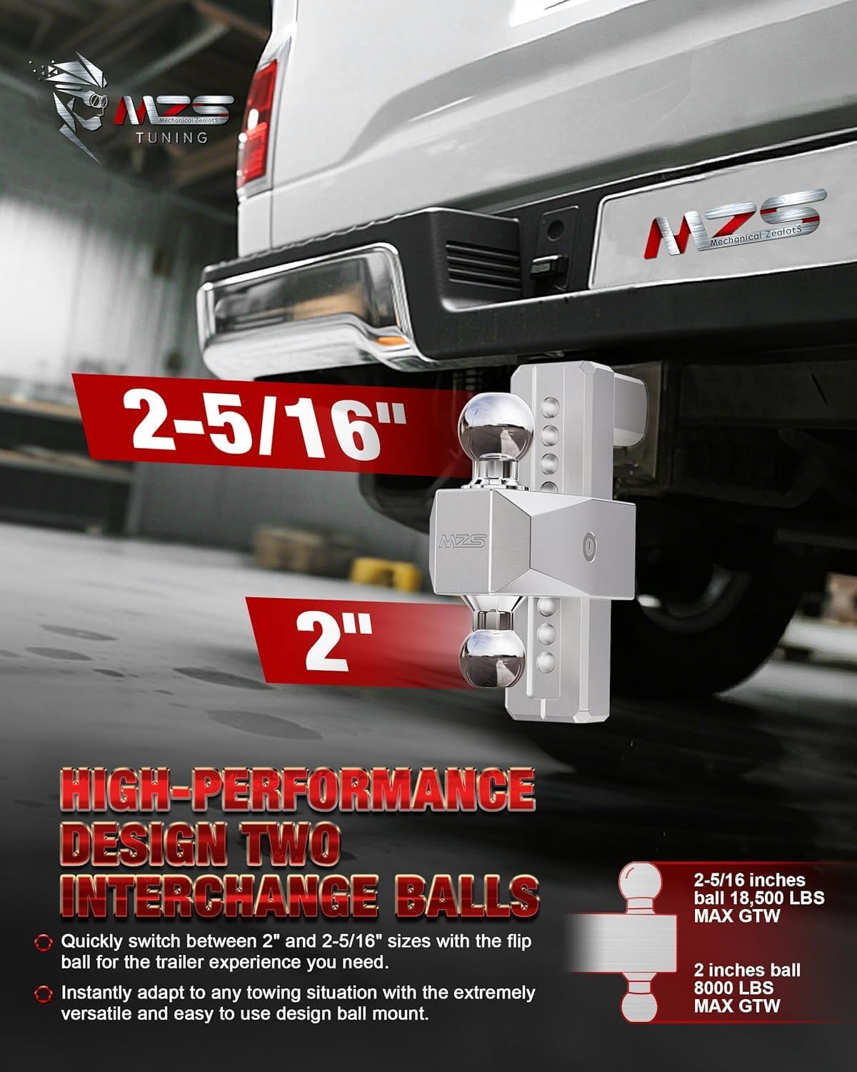 MZS Upgraded Aluminum Adjustable Trailer Hitch - Fits 2.5 Inch Receiver - Heavy Duty Drop Hitch-Tow Hitch with 8-Inch Drop/Rise for Truck(18,500 LBS GTW) Chrome