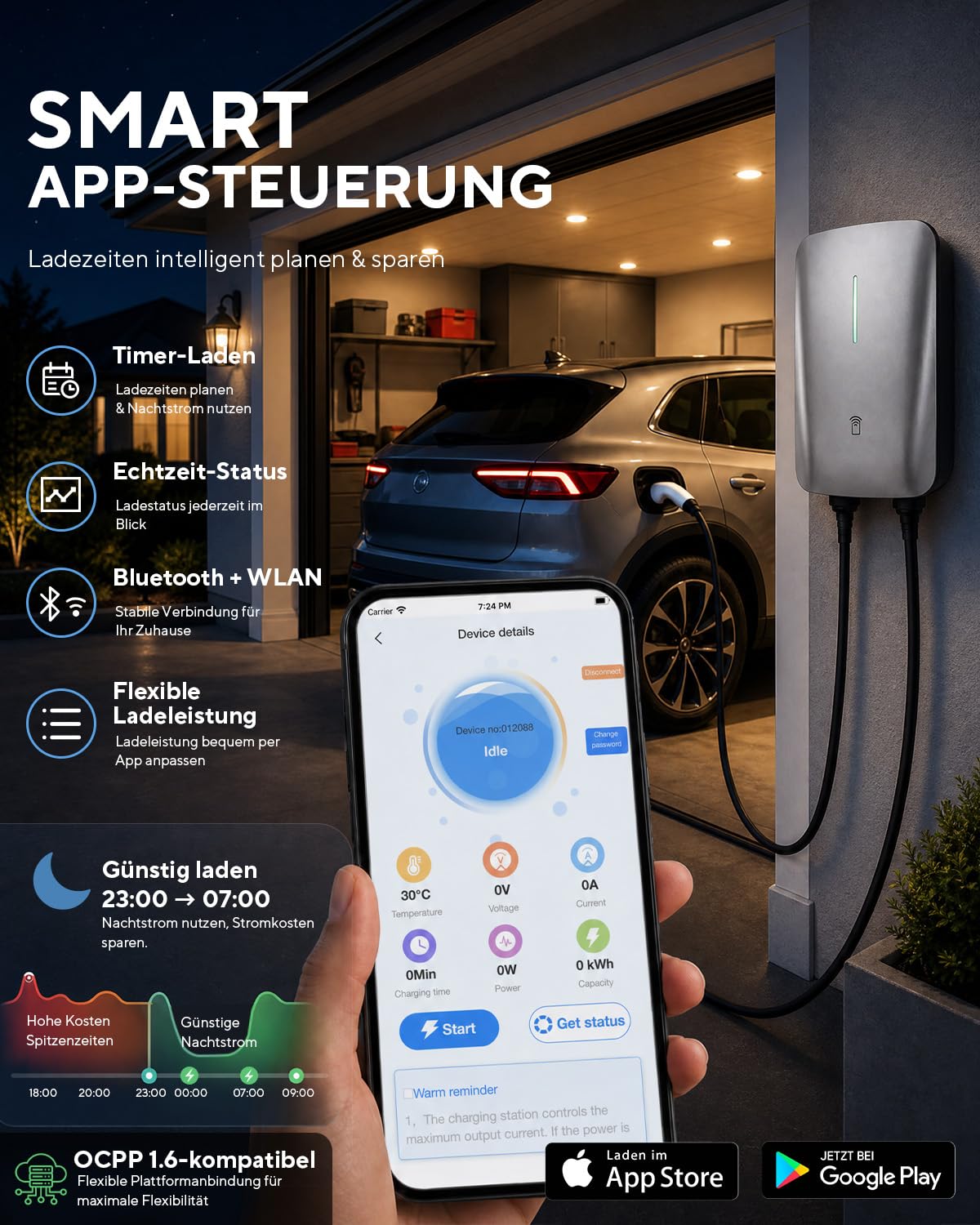 Wallbox 11kW mit APP, 7,5m Typ 2 Kabel + Halter, 3-Phasen Ladestation | 16A EV-Ladestation, IP65 Outdoor, mehrfacher Sicherheitsschutz, effiziente Ladestation für Zuhause, Wohnanlagen und Gewerbe