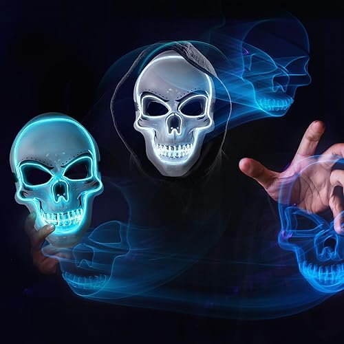 Miniatura 7 de 3 máscaras de Halloween con luces LED de calavera aterradora con alambre electroluminiscente, 3 modos intermitentes, accesorios de máscara de
