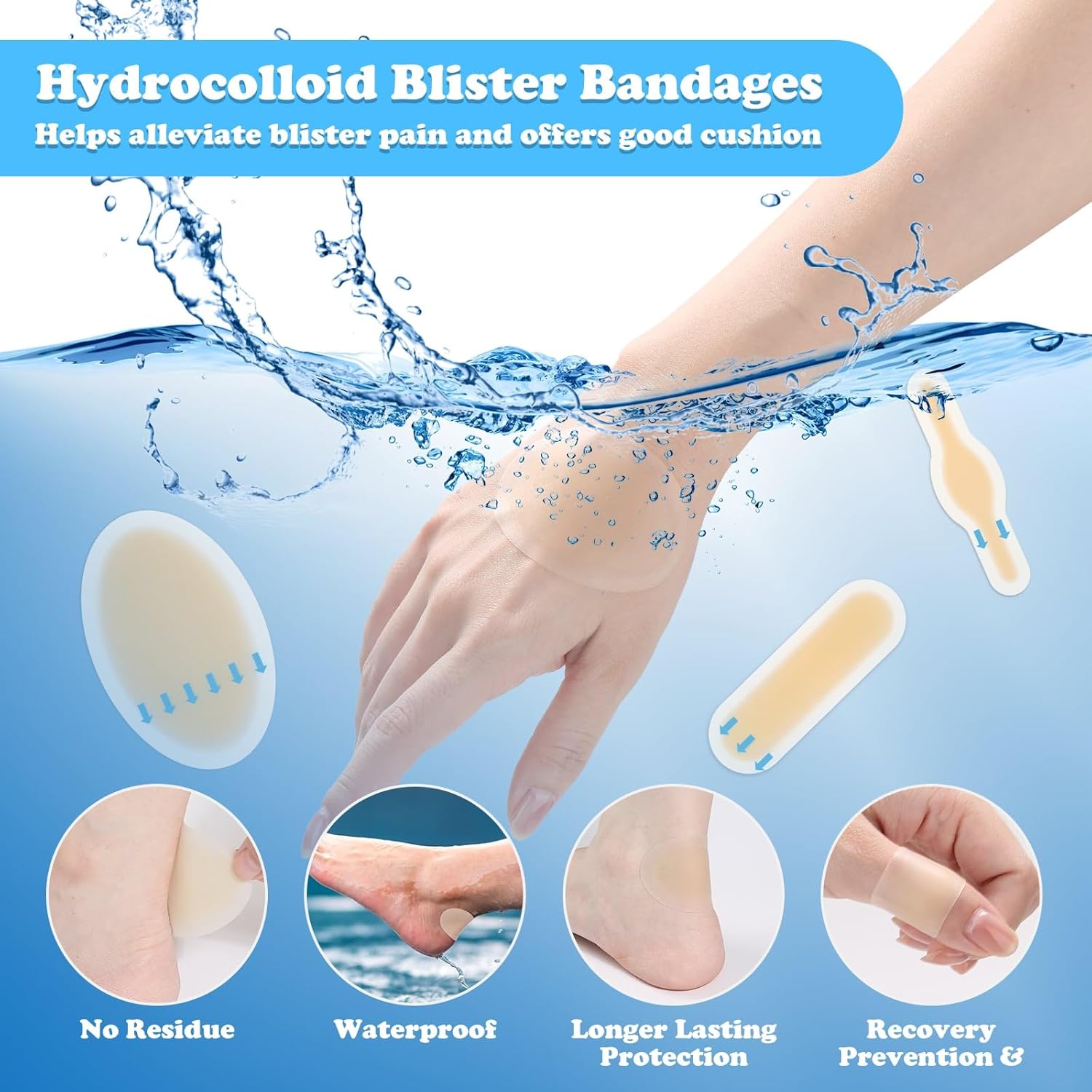 60Pcs Hydrocolloid Blister Bandages for Feet, Waterproof Gel Blister Pads & Blister Cushions for Foot Toes Heels Hands Shoes Blister Prevention Patches - Image 2
