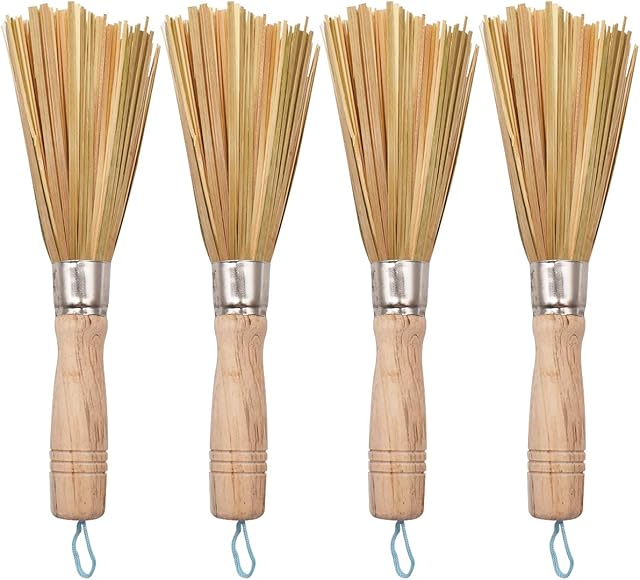 Bamboo Wok Brushes,RoadLoo 4 Pcs Wok Cleaning Whisk Natural Frying Pan Brushes Traditional Kitchen Cleaning Brushes Dishwashing Bamboo Kitchen Cleaning Tools for Cleaning Cast Metal Sink Bathroom