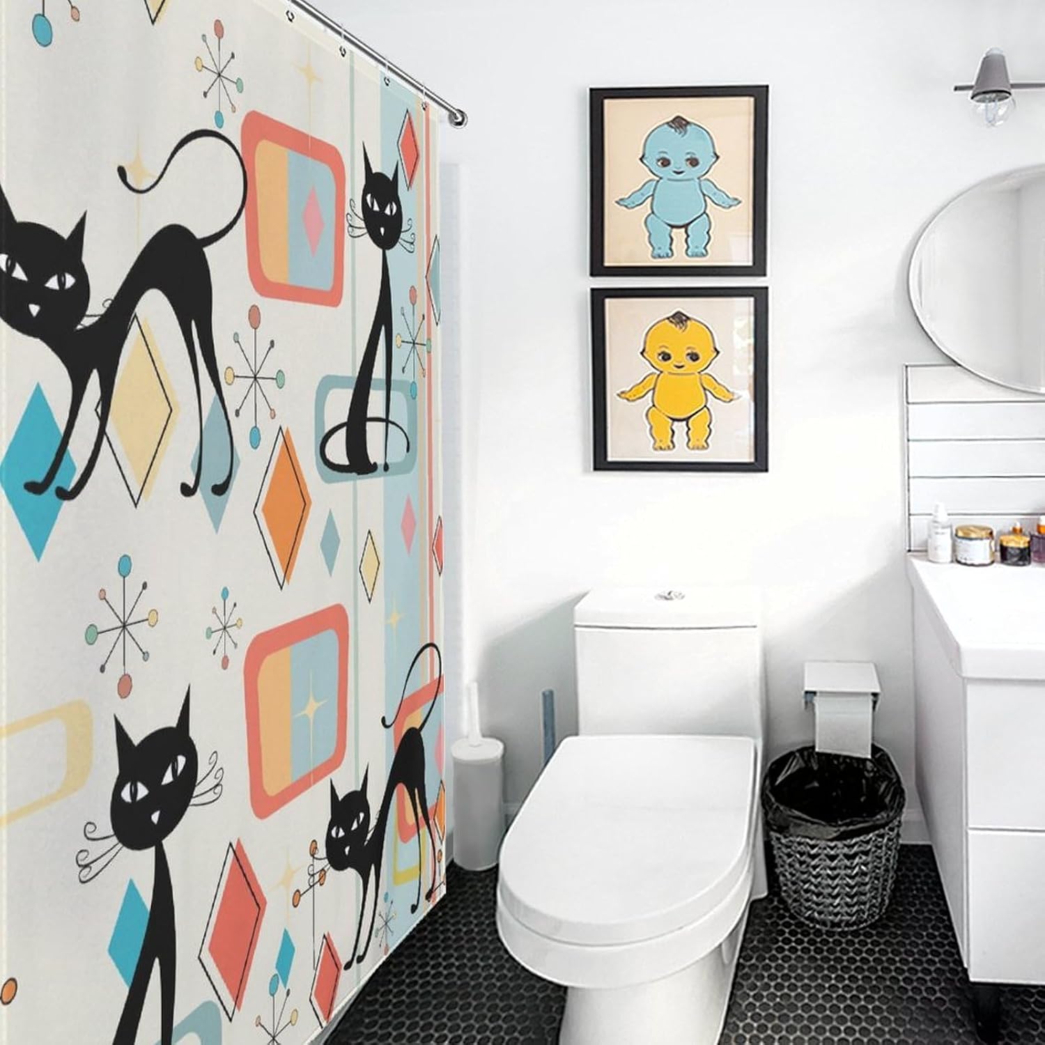 Mid Century Cat Shower Curtain, Modern Abstract Atomic Geometric Print Lovely Black Kittey Retro 1950s 1960s Pastel Waterproof Fabric Bathroom Shower Curtain Set with Hooks, 72"x72" Inch image 4