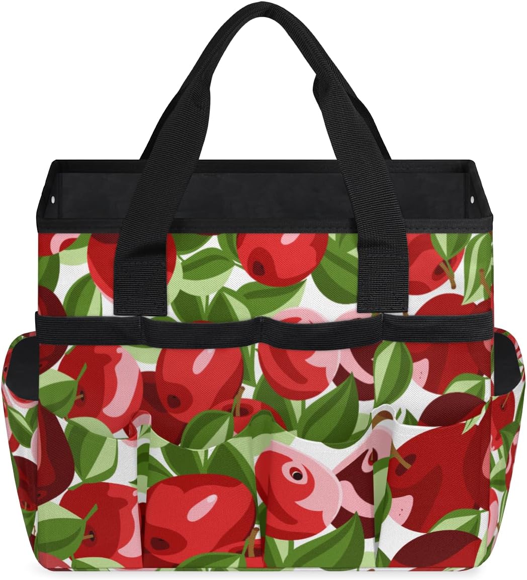 Apples Seamless Garden Tool Bag Tote for Men Women Multiple Pockets Wide Mouth Heavy Duty Waterproof Tool Organizer Bag for Outdoor Lawn Yard Portable Gardening Storage With Elasticbands