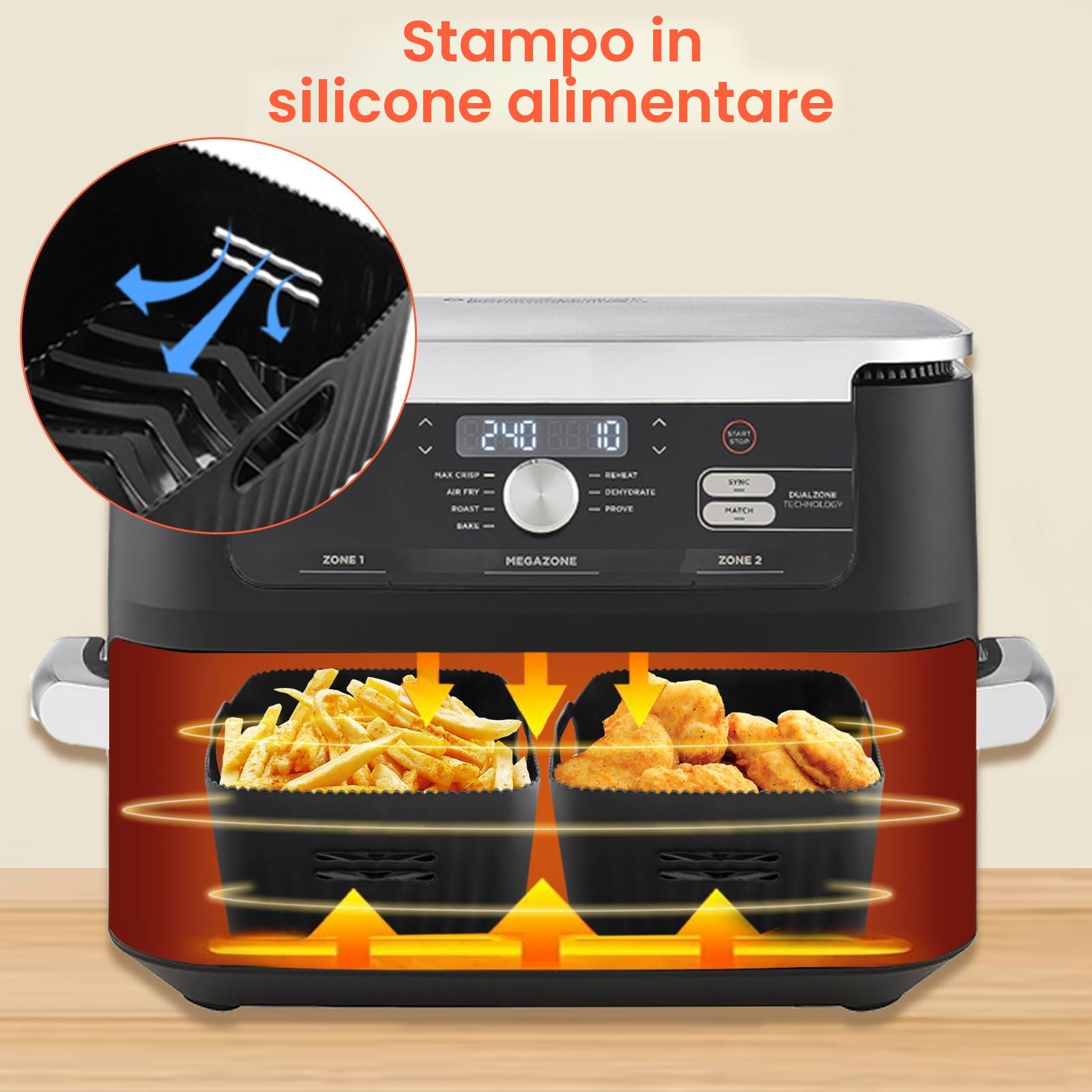 3PCS Accessori Friggitrice ad Aria in Silicone, Rettangolare Teglie Cestino Friggitrice ad Aria per Ninja AF500EU, COSORI 10L, Riutilizzabile Contenitori per Friggitrice (1 * 10,4 l+2 * 5,2 l)