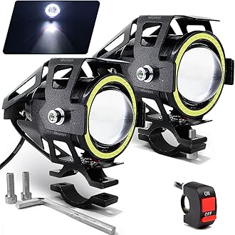 Mosleyz Motorcycle LED Fog Lights U7 Spotlight Daytime Running Lights with White Angel Eyes Halo Ring and Switch 2-Sets