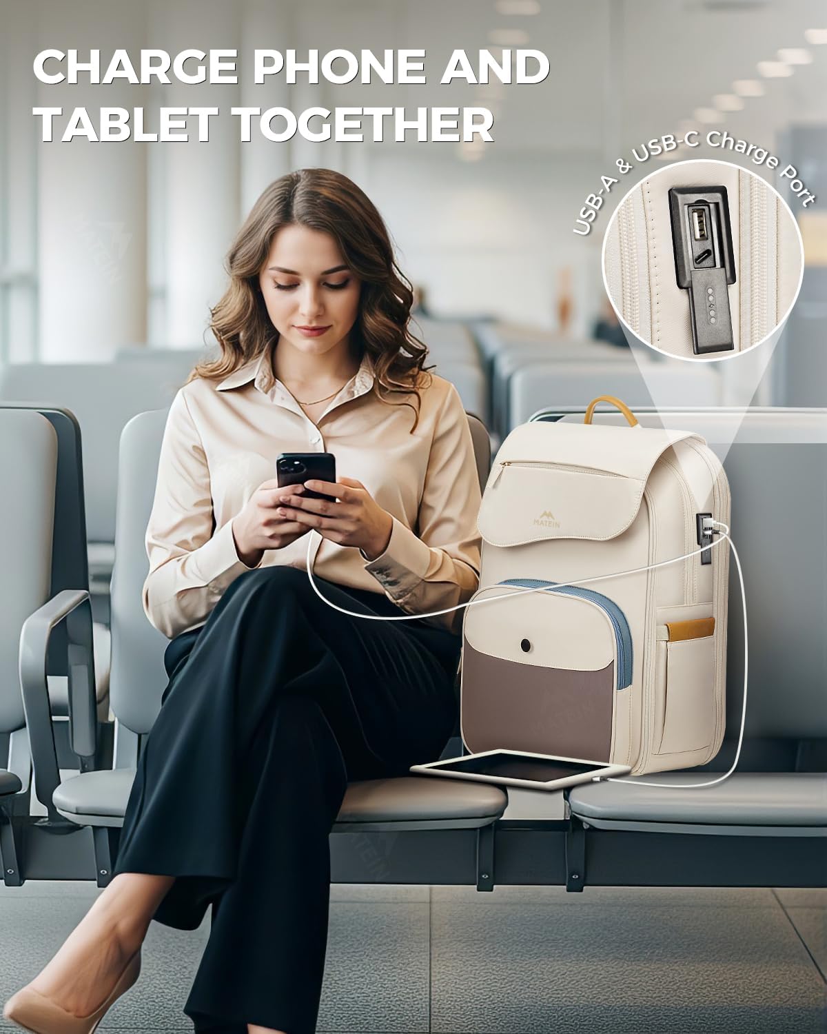 MATEIN Flap Backpack with Lunch Box, 15.6 Inch Womens Beige Laptop Backpack with USB-C Charging Port, Water Resistant Insulated Cooler Lunch Box Bag for College School Teacher - Image 6