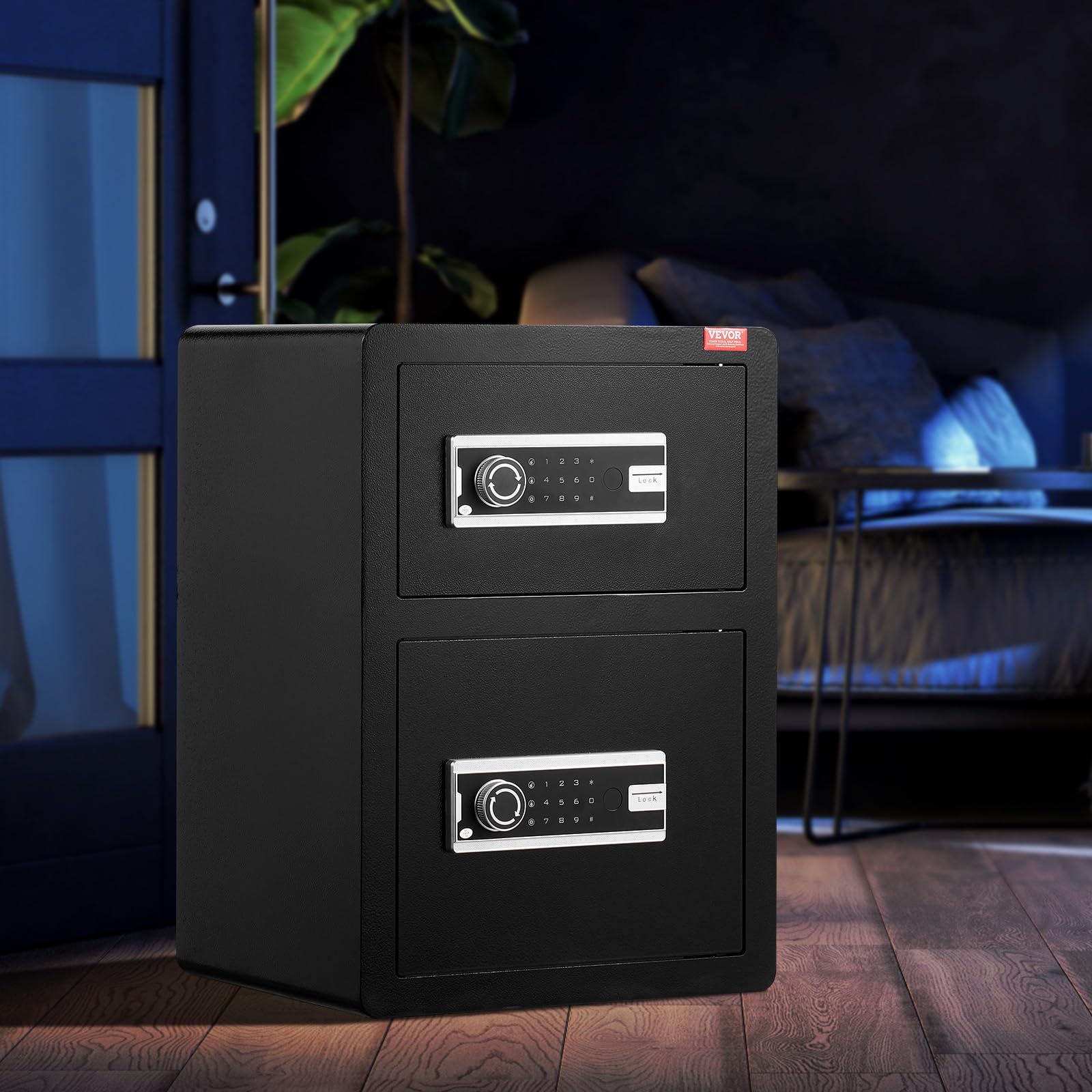 VEVOR Caja Fuerte de 99,1 L con Puertas Dobles, Cerradura con Llave y Contraseña, Bolsa Ignífuga, Estante para Llaves, Luz LED y 2 Divisores Ajustables y Extraíbles para Dinero, Documentos, Negro
