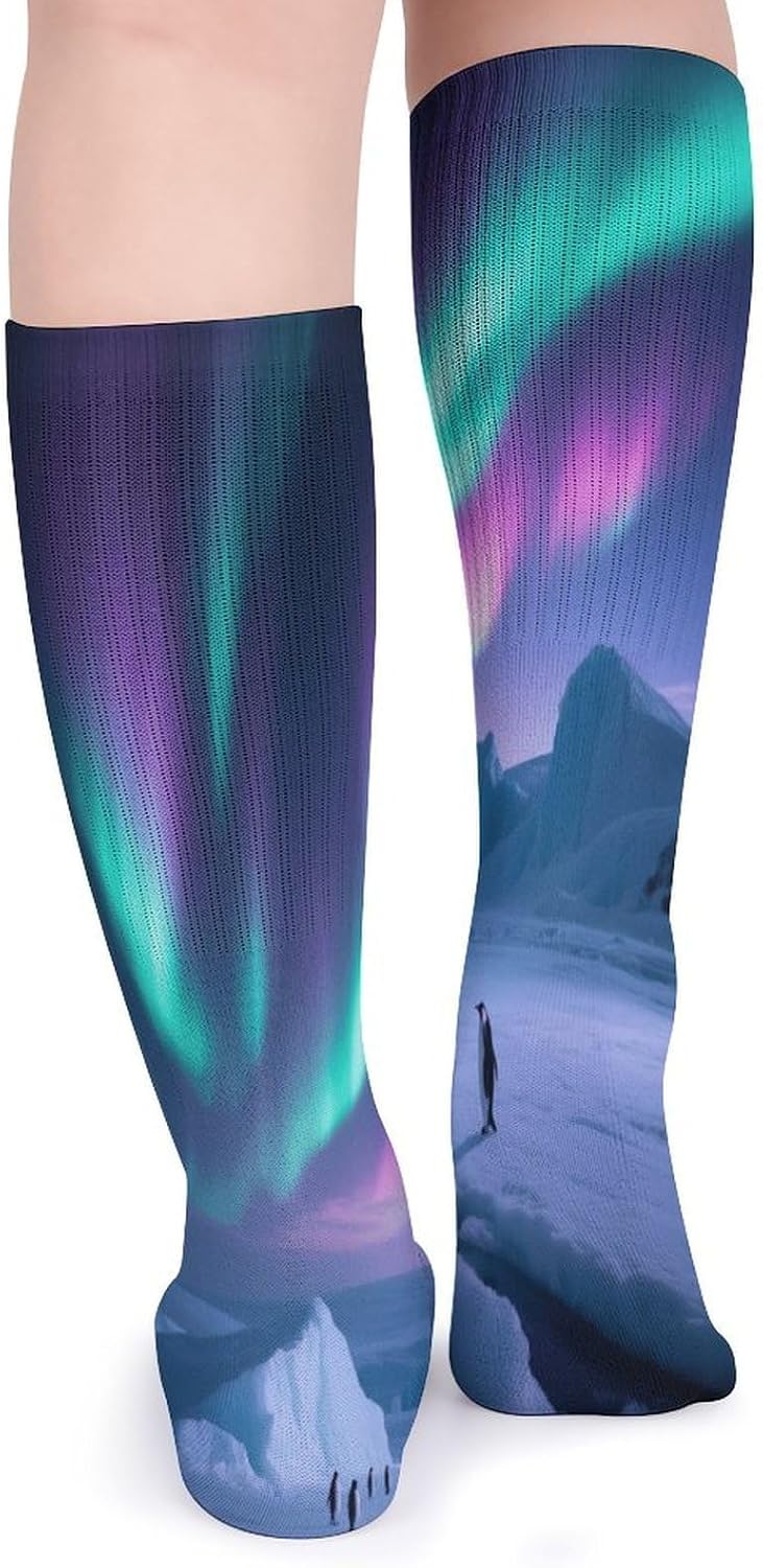 Aurora Ice Fields Crew Socks High Stocking Thermal Socks | Tube Socks-Breathable-Moisture-Soft-wicking for Hospital Pilates Yoga for women men Grippy for office and daily walking