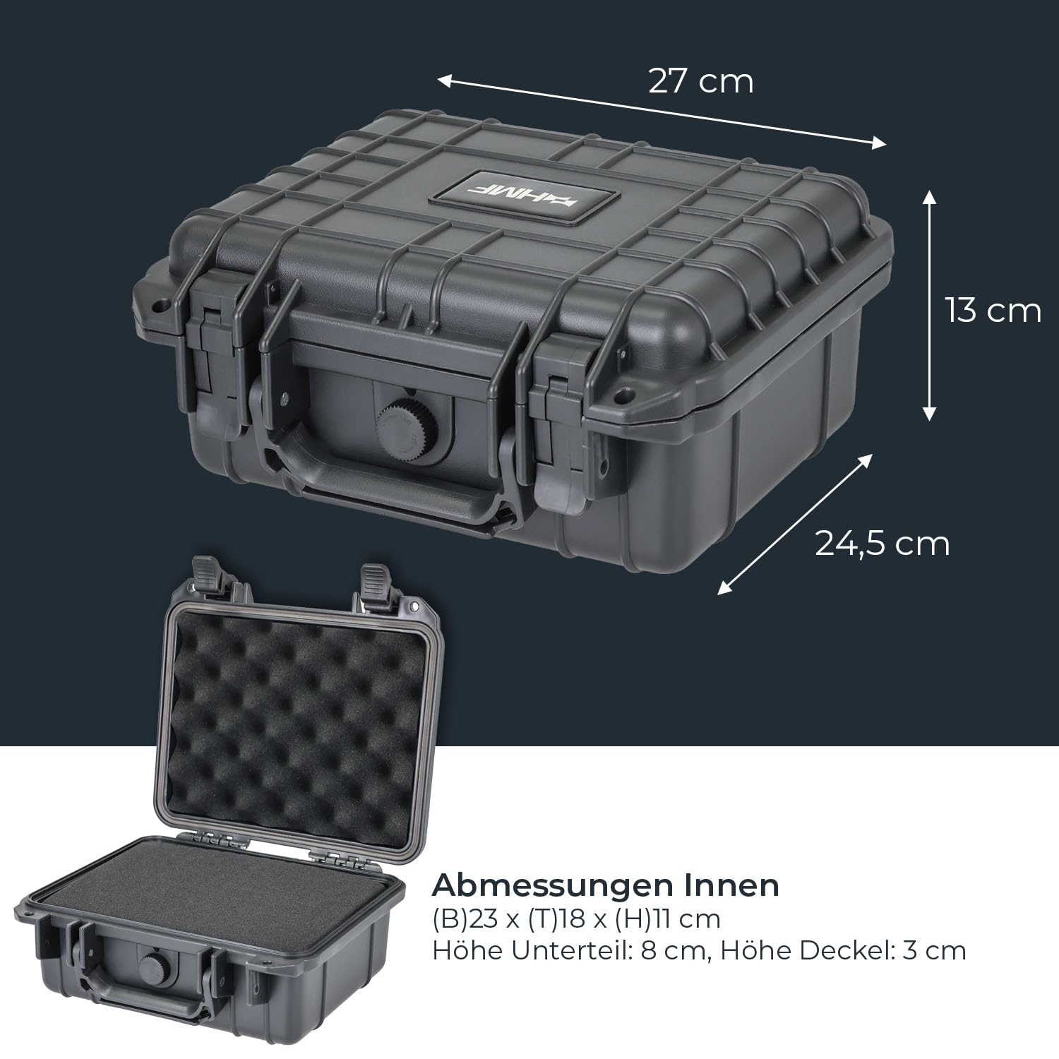 HMF ODK100 Outdoor-Fotokoffer, Transportkoffer mit Rasterschaumstoff | 27 x 24,5 x 13 cm