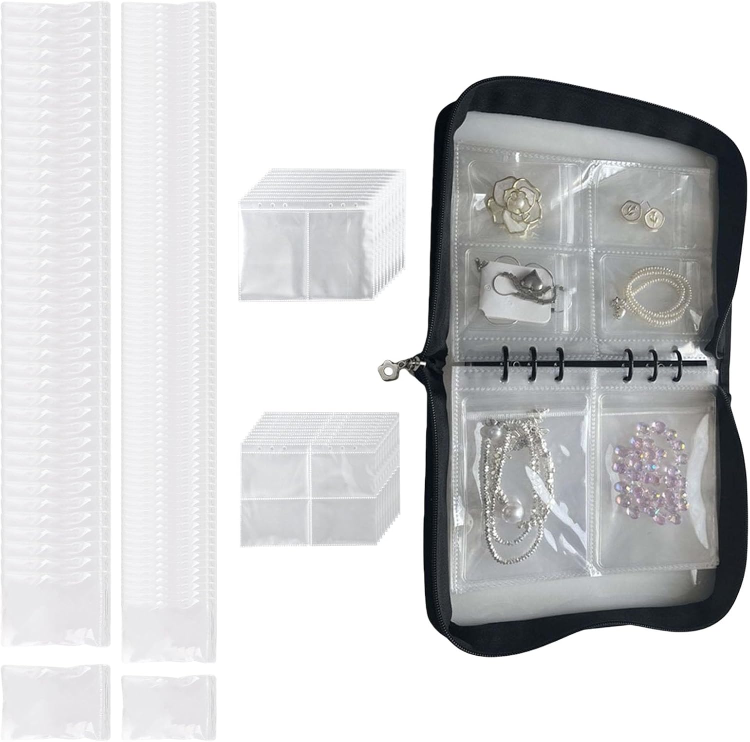 Jewelry Organiser Book with Pockets and Thickened PVC Bags Necklace Earring Storage Binders Card Holder PVC Zippered Bags
