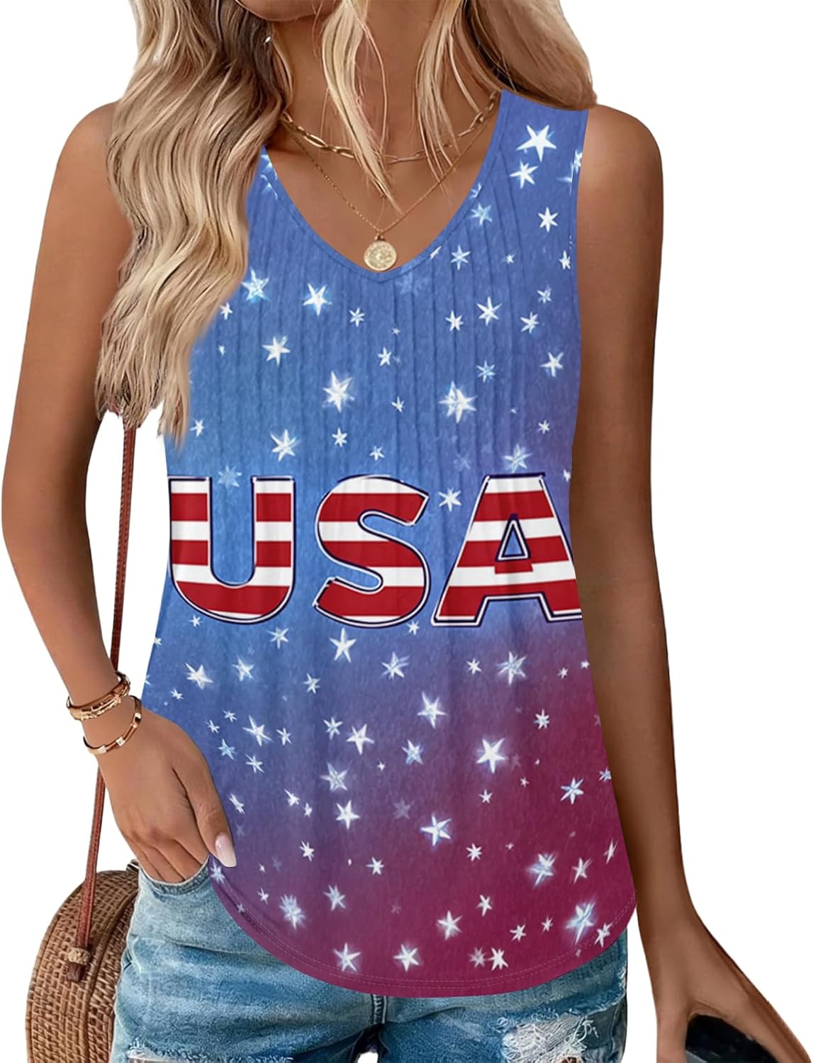 Womens 4th of July Tank Tops Sleeveless V-Neck American Flag Print Patriotic Independence Day Shirt