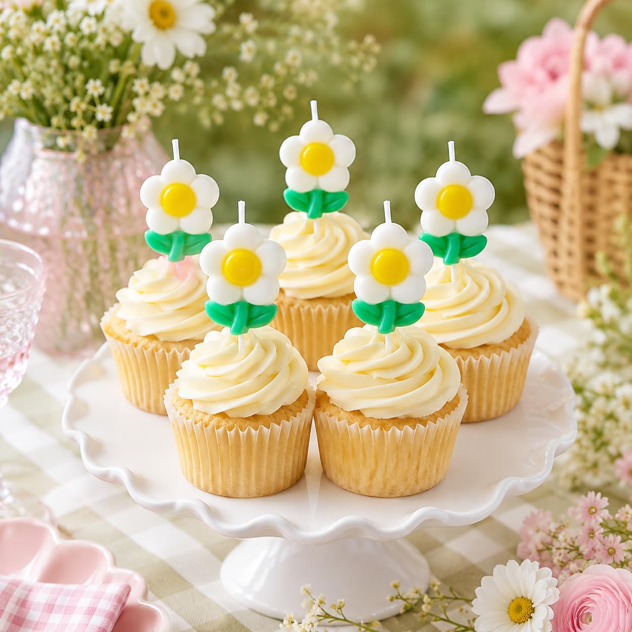Floral Macaron Colored Birthday Candles Multicolored Floral Cake Decorations for All Occasions (5 White) — image 1