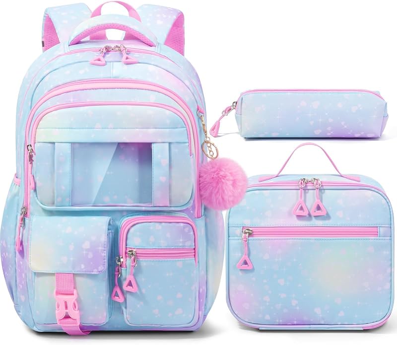 Kids Backpack for School Girls, Waterproof Backpack w/Lunch Box