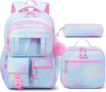 Fimibuke Kids Backpack for School Girls, 3Pcs Waterproof Girls Backpack with Lunch Box & Pencil Pouch - Lightweight Blue Bookbag for Ages 6+ Elementary Middle School Teens