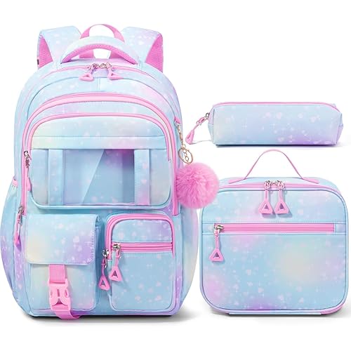 Fimibuke Kids Backpack for School Girls, 3Pcs Waterproof Girls Backpack with Lunch Box & Pencil Pouch - Lightweight Blue Bookbag for Ages 6+ Elementary Middle School Teens
