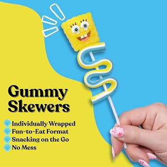 SpongeBob Gummy Skewers, Character and Sour Belt Gummies, Individually Wrapped Candy Gifts, 4 Count Box